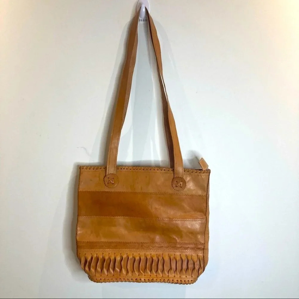 TOTE BAG LEATHER Bag  with Ruched Detail and Tooled Tan